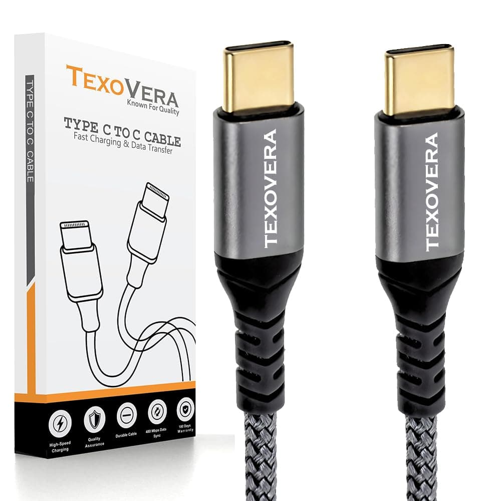 TexoVera 65W 3A Fast Charging 1m Type C Cable for Smartphones, Tablets, Laptops & other Type C devices, 480Mbps Data Sync, Quick Charge 3.0 Black