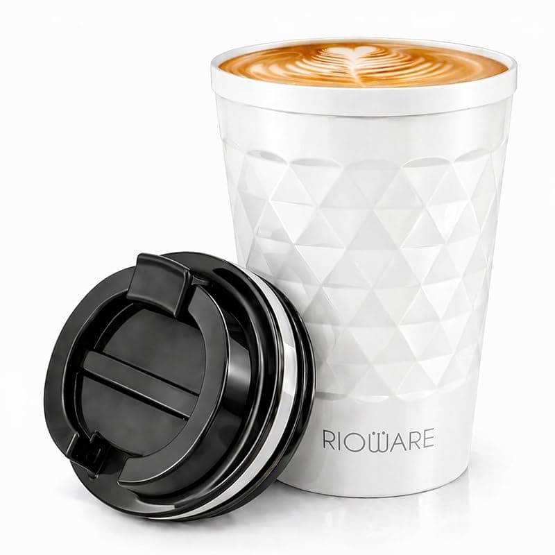 Rioware® Vacuum Insulated Travel Coffee Mug with Lid Silicone Seal Keeps Cold for 14 Hours and hot for 8 Hours Hustle-Free Lock System - Stainless Steel 350ml SipPod (White)