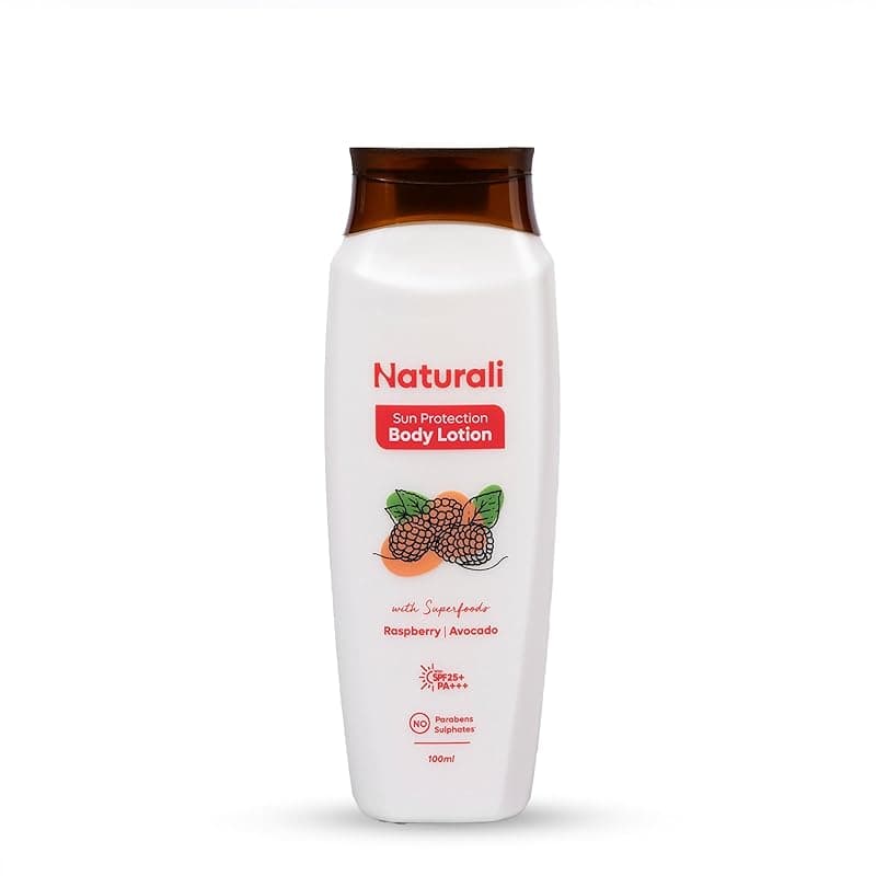 Naturali Sun Protection Sunscreen Body Lotion | SPF 25 PA+++ UVA/UVB Protection | Nourishing &amp; Moisturising | Lightweight | Non-sticky | Non-greasy | Avocado &amp; Raspberry Body Lotion | 100ml