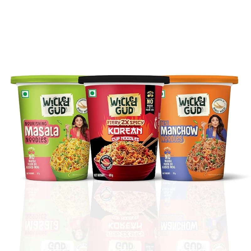 WickedGud Cup Noodles Variety Pack of 3 | Fiery Korean | Masala | Manchow | High Fiber | Source of Protein | Whole Wheat | No Maida | No Palm Oil | 67g | 69g | 70g