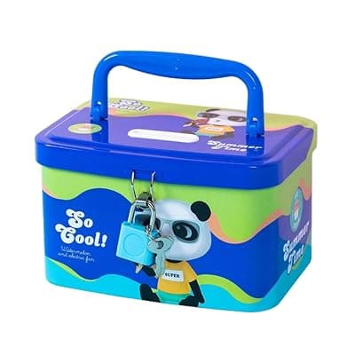 FunBlast Money Saving Tin Coin Bank with Handle, Lock and Key, Piggy Bank for Kids, Gullak for Kid, Birthday Return for Boys &amp; Girls, Money Bank, Coin Box for Kid (C-Multicolor)