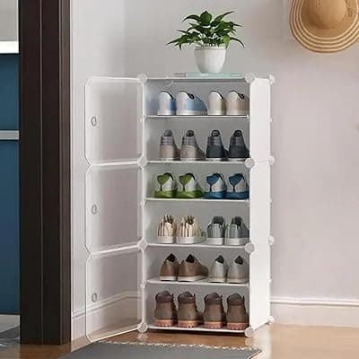 Shelf Shoe Rack Box Shoe Rack for Home Plastic Shelves, Home Shoes Storage, PP Cabinets with Metal Door Frame, Chappal Slipper (White-V2)