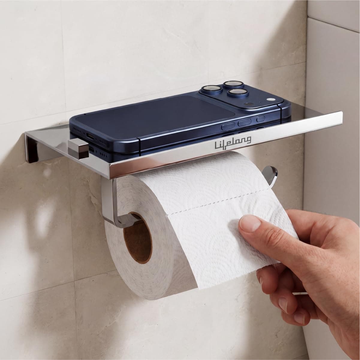 Lifelong SS 304 Stainless Steel Toilet Paper Holder with Mobile Phone Stand | Wall Mounted Tissue Roll Holder Stand for Bathroom | Rust Resistant Toilet Roll with Storage Shelf | Chrome Finish