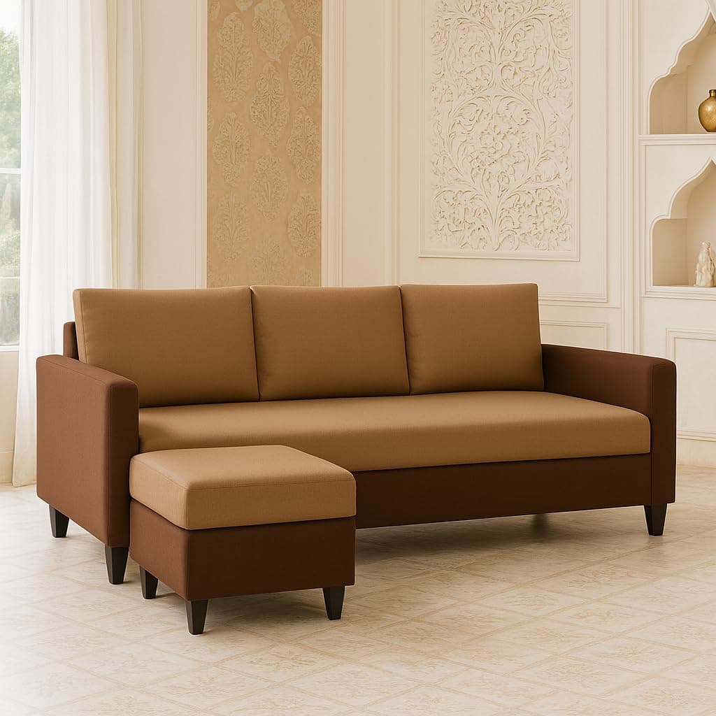 FURNY Conva 3 Seater Fabric Sofa Set with Ottoman (Dual Brown Color)