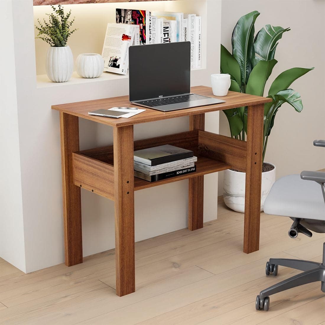 neuspace Ace Study TEngineered Wood Computer Desk with One Tier Shelves Laptop Study Table for Office Home Workstation Writing Modern Desk - Leon Teak (90 cm x 45 cm x 71 cm)