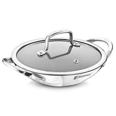 Bergner Argent Samsara Triply Non-Stick 21cm Diameter Appachetty with Glass Lid, Appachatti/Chetty Pan/Appam Patra, Quantanium Non-Stick Coating, Less Oil, Healthy Cooking, Gas Stove Compatible