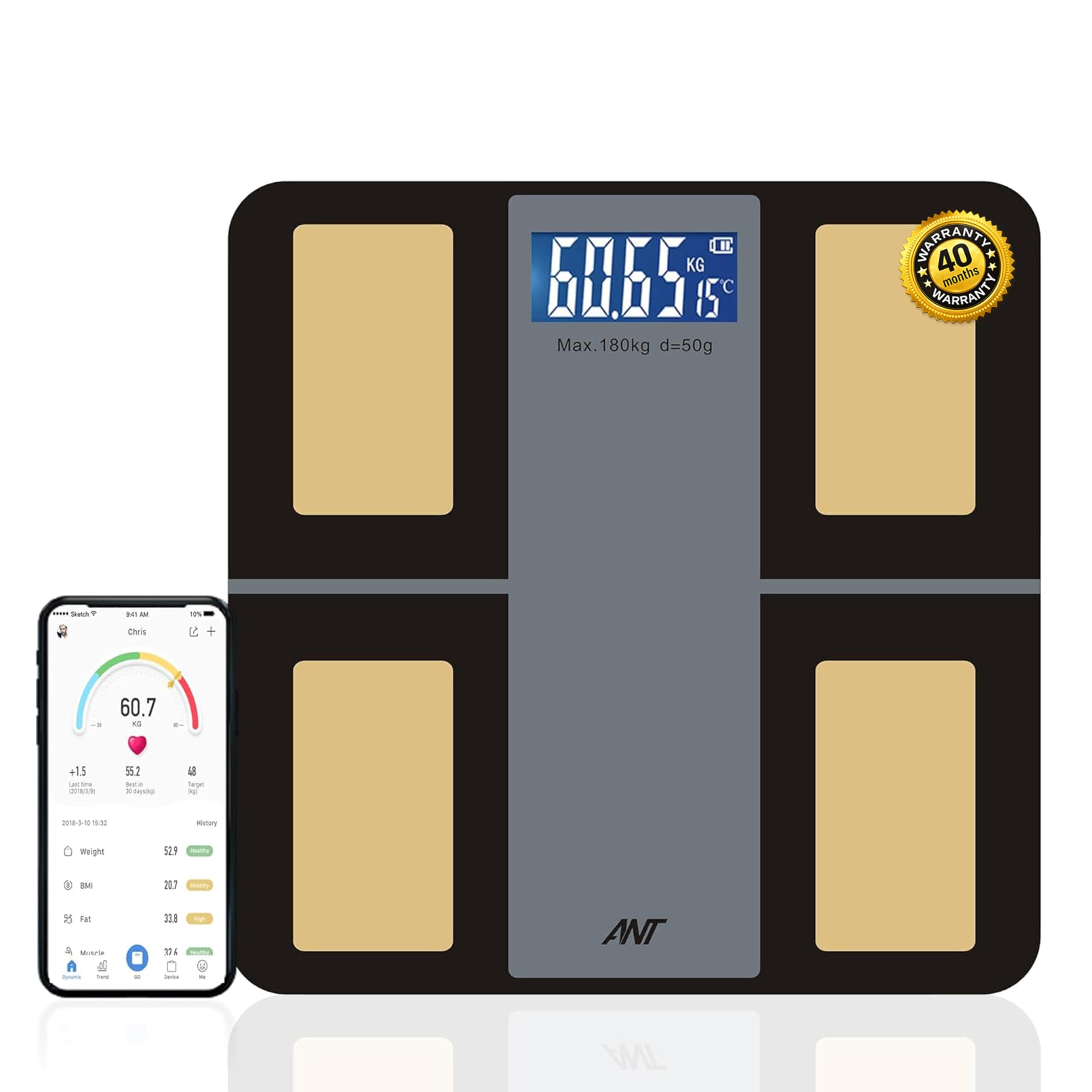 ANT Zigma Smart Digital Weighing Scale for Body Weight | Bluetooth App Enabled | BMI Monitor | 12 Metrics | Large Display | 30 Months Warranty | Battery Included - Black