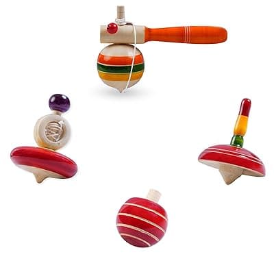 Toddler S Step Wooden Spinning Tops - Non Toxic Desi Lattoo – for Kids Pack of 4 – Multicolor - Curiosity &amp; Fine Motor Skills | bambaram (4 Assorted Tops)