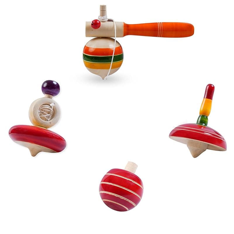 Toddler S Step Wooden Spinning Tops - Non Toxic Desi Lattoo – for Kids Pack of 4 – Multicolor - Curiosity &amp; Fine Motor Skills | bambaram (4 Assorted Tops)
