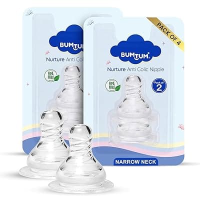 BUMTUM Nurture Anti Colic Teat/Nipple for Narrow Neck Bottle |4pcs- Medium Size |Bottle Nipple for Baby, 6m+ | Soft &amp; Flexible Silicone| Leak Proof, Bpa Free