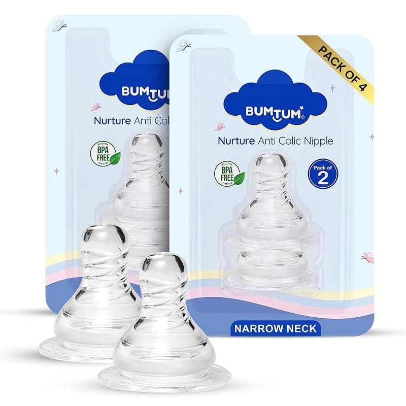 BUMTUM Nurture Anti Colic Teat/Nipple for Narrow Neck Bottle |4pcs- Medium Size |Bottle Nipple for Baby, 6m+ | Soft &amp; Flexible Silicone| Leak Proof, Bpa Free