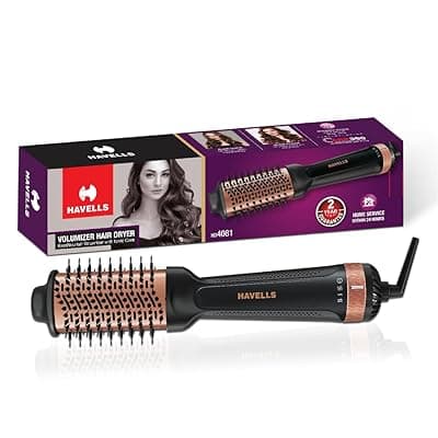 Havells HD4081 Professional Volumizer Hair Dryer, KeraNourish Ceramic Coating Brush Head, 1200 Watts, Ionic Care, Nylon Bristles,Cool Tip with Stand Support
