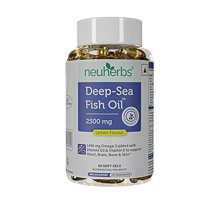 Neuherbs Deep Sea Omega 3 Fish Oil - Omega 3 Supplement Triple Strength 2500 Mg (Essential Fatty Acid Combination of 1486 mg 892 mg EPA 594 mg DHA/serving), Lemon Flavour- 60 Softgel for Men &amp; women