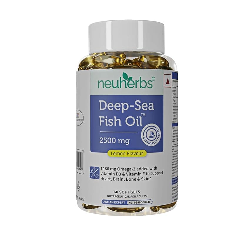 Neuherbs Deep Sea Omega 3 Fish Oil - Omega 3 Supplement Triple Strength 2500 Mg (Essential Fatty Acid Combination of 1486 mg 892 mg EPA 594 mg DHA/serving), Lemon Flavour- 60 Softgel for Men &amp; women