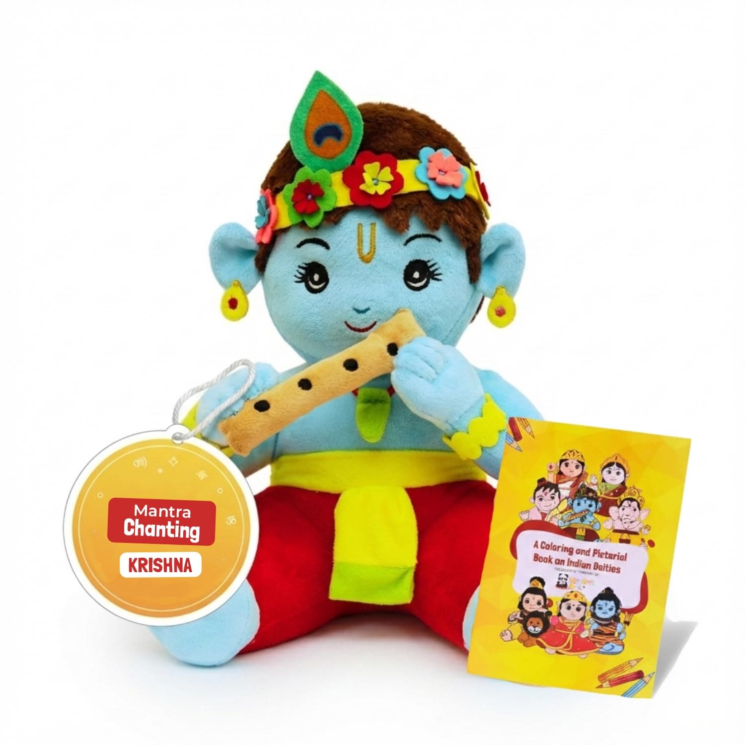 Panda's Box Mantra Chanting Baby Krishna | As Seen on Shark Tank | Musical Soft Plush Toy | Non-Toxic, Safe|Best Birthday Gift for Newborn Kids (Boys, Girls) | Free Colouring Book | Medium 28 CM
