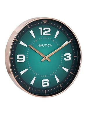 Nautica Modern Wall Clock for Hall with Quartz Silent Sweep Technology | 1pc - 12 Inch(ABS) | Wall Clock for Bed Room, Home, Office, Kitchen & Living Room | Glossy Rim- Teal/Rose Gold