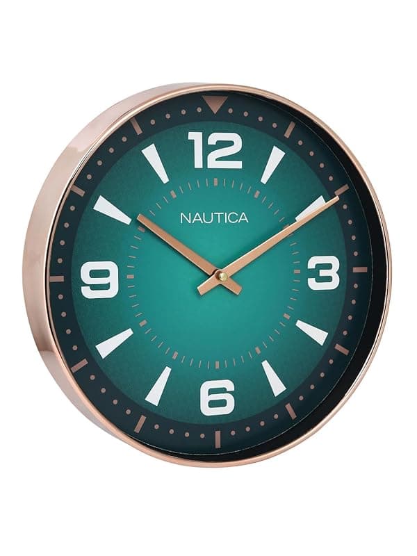 Nautica Modern Wall Clock for Hall with Quartz Silent Sweep Technology | 1pc - 12 Inch(ABS) | Wall Clock for Bed Room, Home, Office, Kitchen & Living Room | Glossy Rim- Teal/Rose Gold