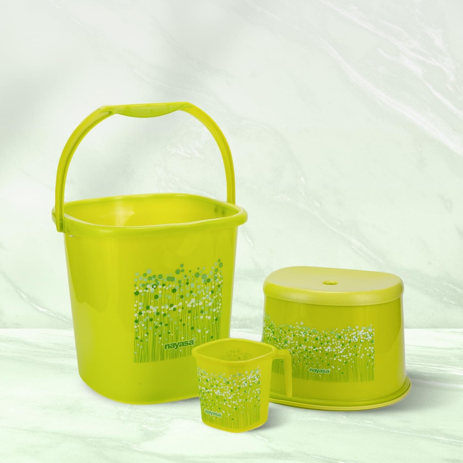 Nayasa Plastic Funk Square 3 Pcs Plastic Bathroom Set | Bucket 18 L + Mug 1.5 L + 508 Stool | Bathroom Accessory Set | Green