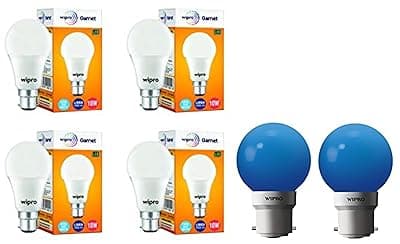 wipro Garnet Base B22D 10-Watt LED Bulb (Pack of 4, White) Glass Safelite N10004 B22 0.5-Watt Led Night Lamp (Pack Of 2, Blue)