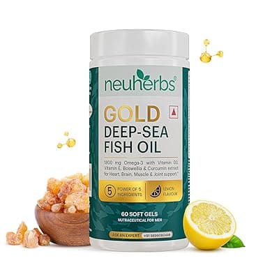 Neuherbs Gold Deep Sea 6X Omega 3 Fish Oil Capsules - 60 Softgels | EPA - 1080mg &amp; DHA - 720mg | Vitamin E &amp; D3 For Muscle, Brain &amp; Joints Support | Lemon Flavour | No Fishy Burps| Heavy Metals Tested