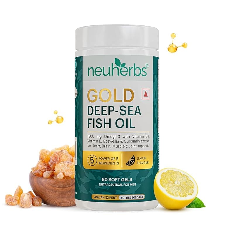 Neuherbs Gold Deep Sea 6X Omega 3 Fish Oil Capsules - 60 Softgels | EPA - 1080mg &amp; DHA - 720mg | Vitamin E &amp; D3 For Muscle, Brain &amp; Joints Support | Lemon Flavour | No Fishy Burps| Heavy Metals Tested