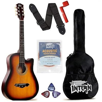 Intern 38 Inch Acoustic Guitar for Beginners with Bag, Strap, Strings, Picks & Winder | Cutaway Design | Steel String Guitar for Kids & Adults (Sun Burst)