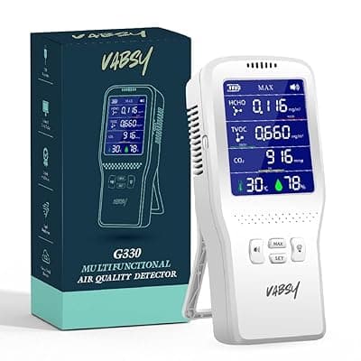 8-in-1 Vabsy Portable Air Quality Monitor with Color Display | AQI, CO2, TVOC, HCHO, Temperature & Humidity Meter Alarm | Indoor Outdoor Pollution Detector for Home, Office, School, Hospital