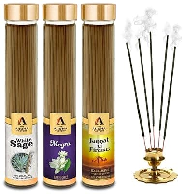 The Aroma Factory White Sage,Mogra& Attar Jannat Agarbatti for Pooja,Luxury Incense Sticks,100% Herbal Fragrance Agarbathi (Bottle Pack of 3x100g)