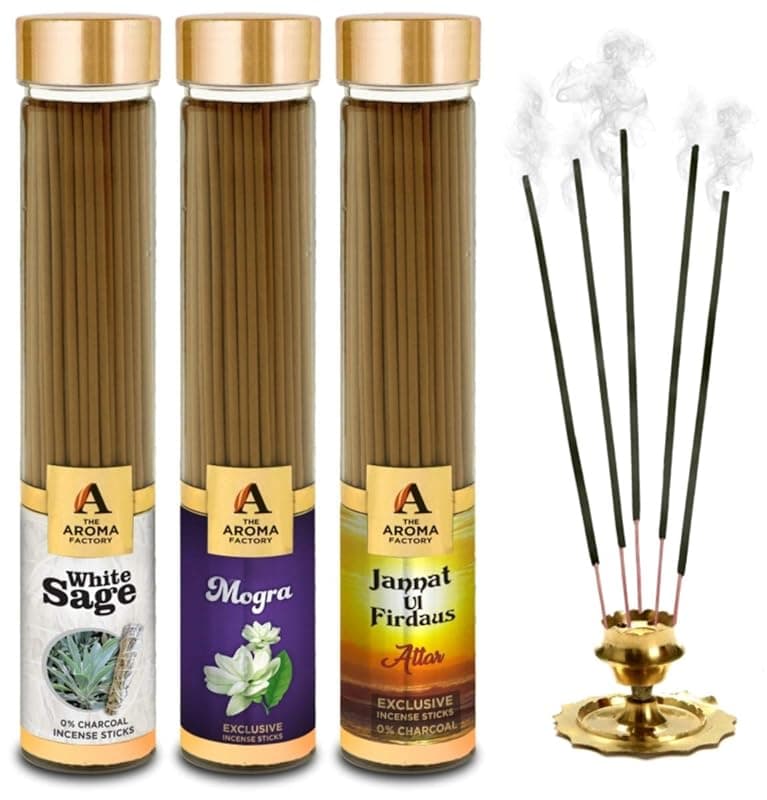 The Aroma Factory White Sage,Mogra& Attar Jannat Agarbatti for Pooja,Luxury Incense Sticks,100% Herbal Fragrance Agarbathi (Bottle Pack of 3x100g)