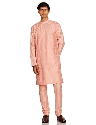 Amazon Brand - Symbol Men's Polyester Brocade Regular Festive Long Kurta &amp; Pyjama Set (2pcs)