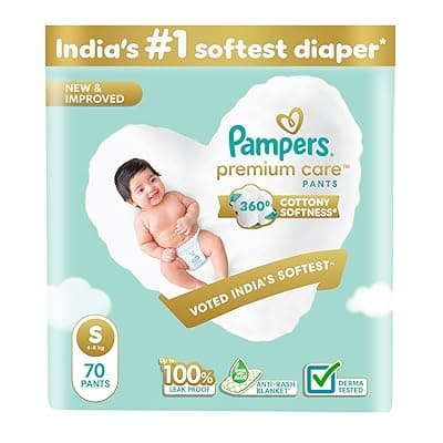 Pampers Premium Care Pant Style Baby Diapers | Small (S size) | 70 Count | Voted India's Softest | All-in-1 with 360 Cottony Softness Diapers | 4-8kg