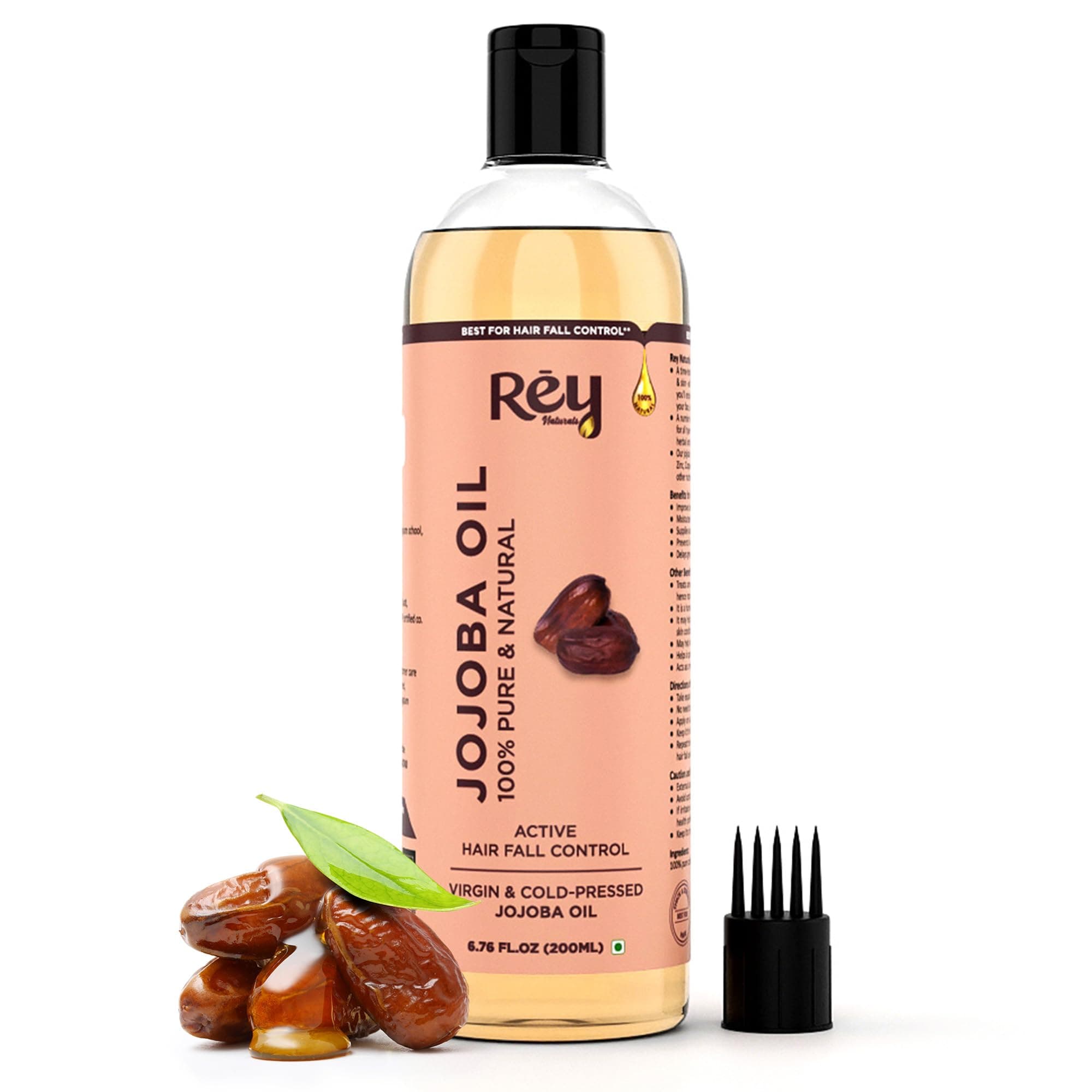 Rey Naturals Cold Pressed Jojoba Oil For Hair Growth, Skin & Face - 200ml | Pure Jojoba Oil for Face & Body Massage with Vitamin E | Virgin & Unrefined Jojoba Hair Oil For Men & Women