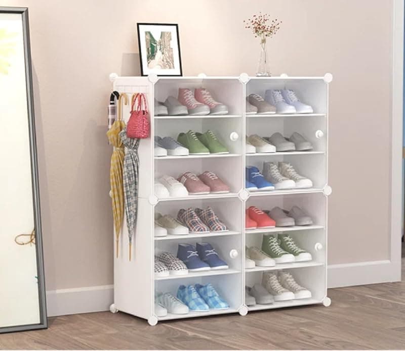4 Door 12 Shelf Multi-Purpose D-I-Y Plastic Shoe Rack for Home Office, Adjustable Shoe Storage Organizer for Bedroom, Entry Way with Dust Proof Door for Heels/Sleepers/Boots-White-H4 (White-H4)