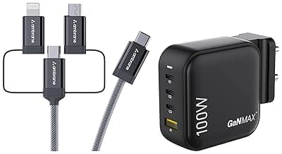 Ambrane 100W Charger Adapter, 4 Ports - 3 Type C & 1 USB for iPhone & Android, MacBook & Type C Laptop, (RAAP H100, Black) & Ambrane 3 in 1 Mobile Charing Cable