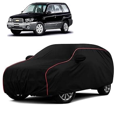 Sulfar 100% Water Resistant Car Body Cover Compatible with Mirror for Chevrolet Forester (Triple Stitched, Full Bottom Elastic, Black with Red Piping)
