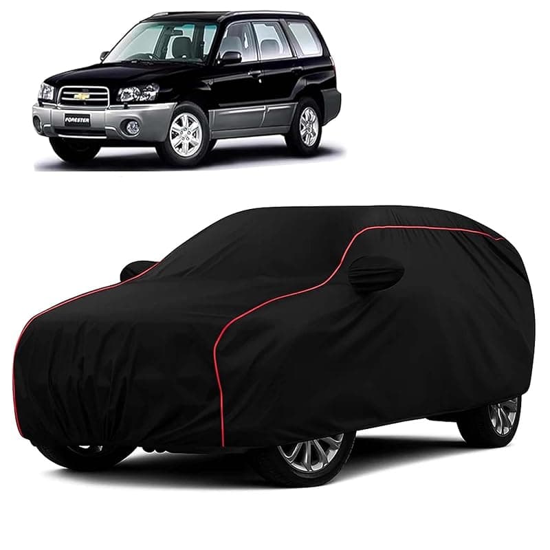 Sulfar 100% Water Resistant Car Body Cover Compatible with Mirror for Chevrolet Forester (Triple Stitched, Full Bottom Elastic, Black with Red Piping)