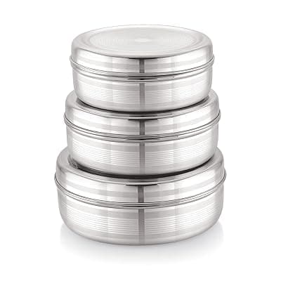 Attro Stainless Steel Puri Dabba with Lid, Food Storage Containers, Big (1100ml), Medium (900 ml), Small (700ml) - Set of 3, Silver, Standard
