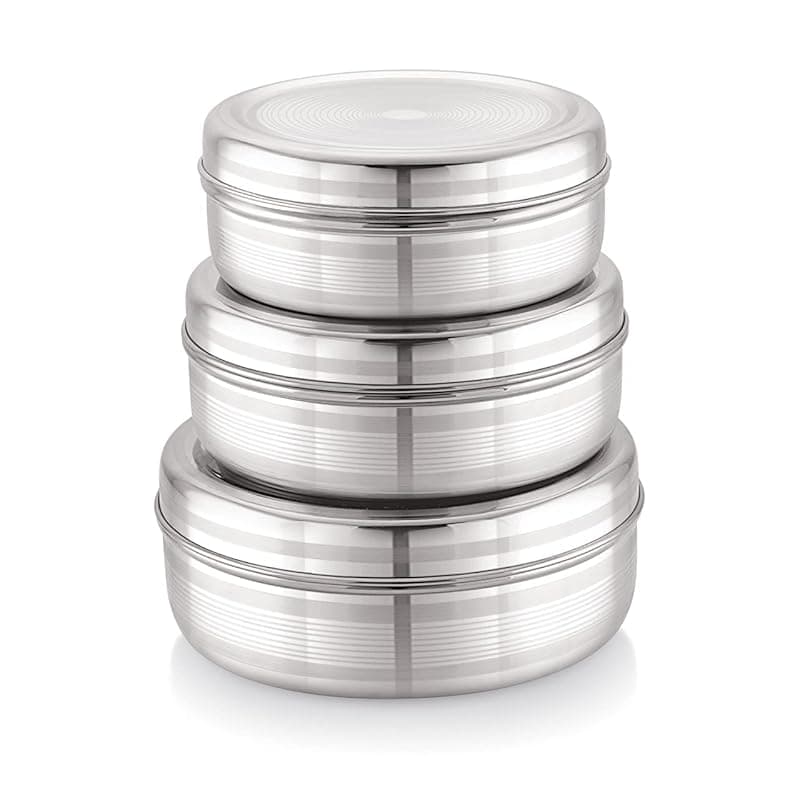 Attro Stainless Steel Puri Dabba with Lid, Food Storage Containers, Big (1100ml), Medium (900 ml), Small (700ml) - Set of 3, Silver, Standard