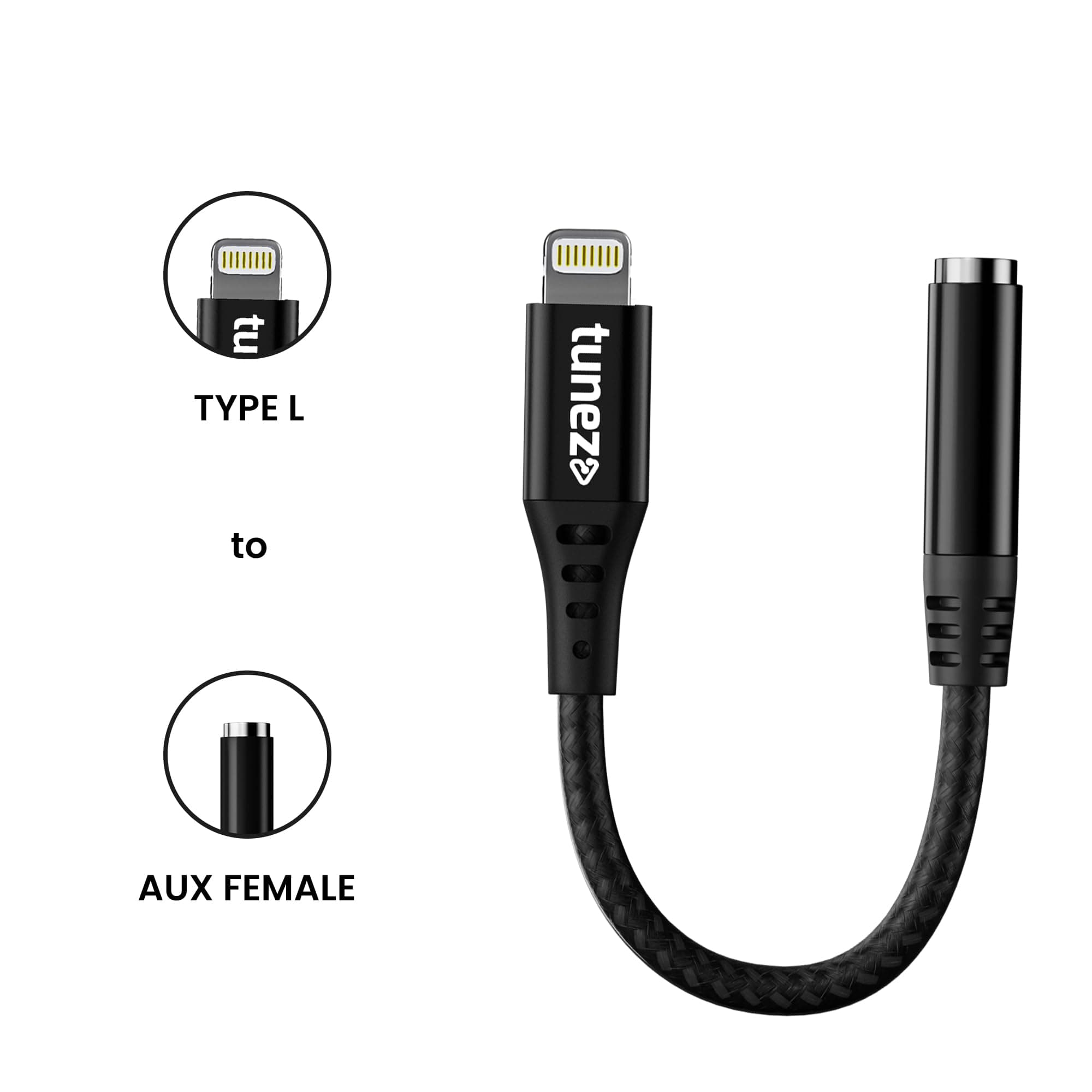 tunez CB-90 Type L to Aux Connector With DAC - Braid + Shell Material, 14cm Length, High-Quality PVC, Best-in-Class Connectors, Type L to Aux (Female) with DAC Chipset (Black)
