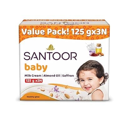 Santoor Baby Bathing Bar Soap with Milk Cream, Saffron, &amp; Almond Oil for Soft &amp; Supple Skin| Gentle &amp; Rich Lathering Formula with Mild Fragrance| 125gx3