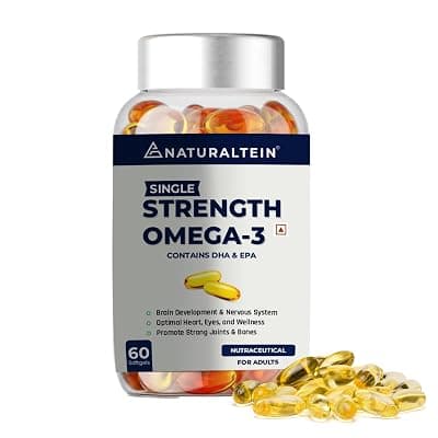NATURALTEIN Omega 3 Fish Oil – 1000mg per Softgel | 60 Capsules | 180mg EPA & 120mg DHA | With Vitamin E | Premium Triglyceride Form | Supports Heart, Brain & Joint Health | Single Strength Formula
