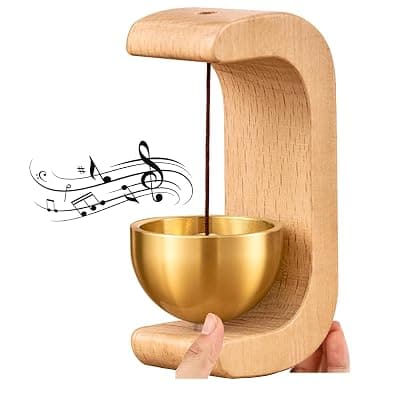 Wooden Door Bell with Brass Hanging Bell | Wall Mount Decorative Bell with Magnet &amp; Sticker Attachment | Light Wood Finish (Rectangular)