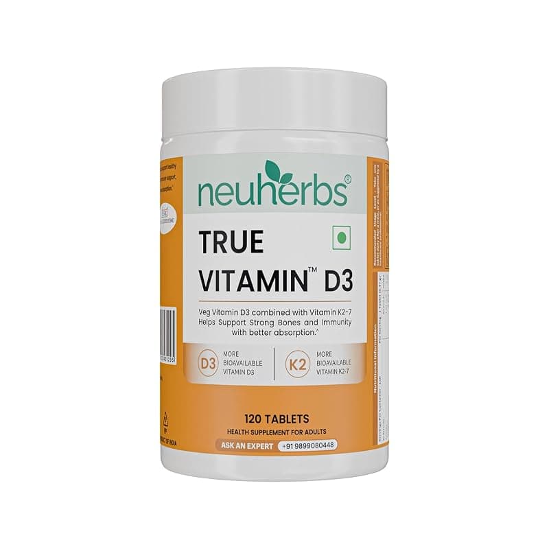 Neuherbs True Vitamin D3 (600 IU) Supplement | With Vitamin K2 (MK-7) to Support Strong Bones, Healthy Heart & Immunity | 100% Vegetarian - 120 Tablets