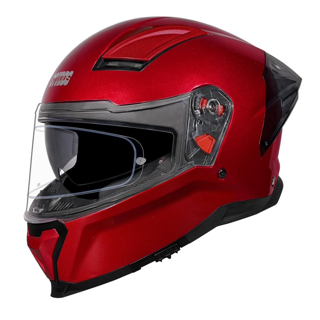 STUDDS Helios ISI and DOT Certified Full Face Helmet with Antifog 100 Lens, Sporty Spoiler (Cherry RED - L)