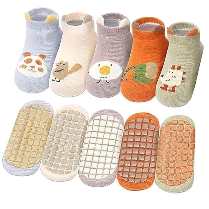 Baby Non-Slip Socks Set with Grip Bottom, 5 Pairs, Cotton Fabric, Cartoon Design, Size Options (Multicolor)