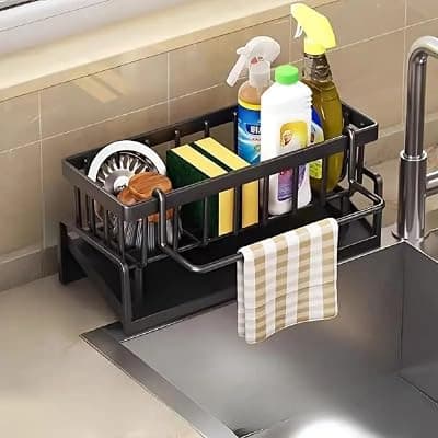 Metal Sponge Holder for Kitchen Sink with Auto-Draining, Soap Tray, Dish Brush &amp; Towel Bar – Rust-Resistant Black Kitchen Sink Organizer Rack