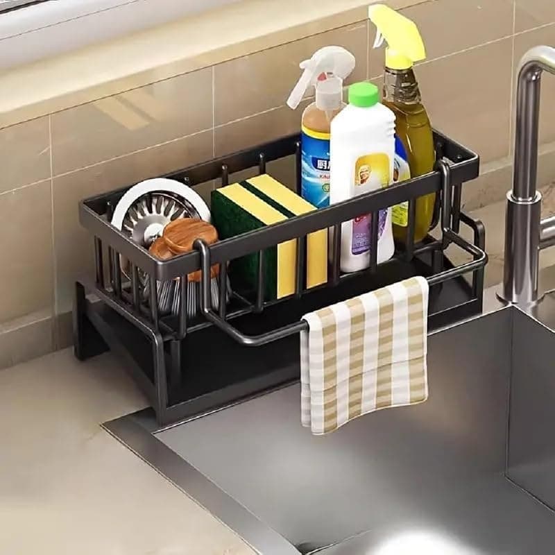 Metal Sponge Holder for Kitchen Sink with Auto-Draining, Soap Tray, Dish Brush &amp; Towel Bar – Rust-Resistant Black Kitchen Sink Organizer Rack
