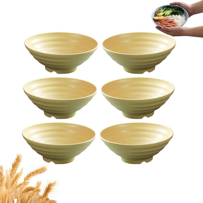 Solma Wheat Straw Ramen Bowl 6pcs Yellow, Unbreakable Large Japanese Noodle Soup Bowl for Kitchen Serving Cereal, Salad, Pasta, Oatmeal, Popcorn, 44 oz(1200 ML)