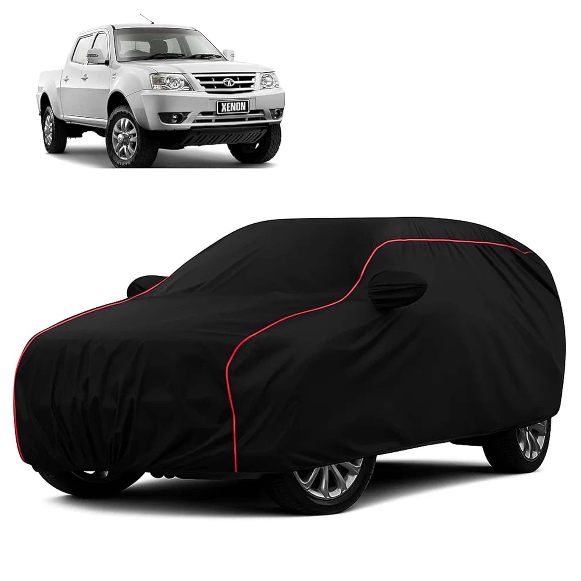 Sulfar 100% Water Resistant Car Body Cover Compatible with Mirror for Tata Xenon (Triple Stitched, Full Bottom Elastic, Black with Red Piping)