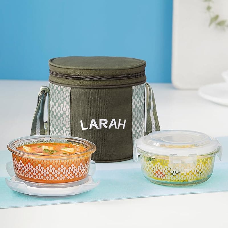 Gracia Borosilicate Glass Lunchbox with Bag | 2pc Round Container (400 ml Each), Vertical | Microwave &amp; Dishwasher Safe, Leakproof | Tiffin for Office, School, College | Green